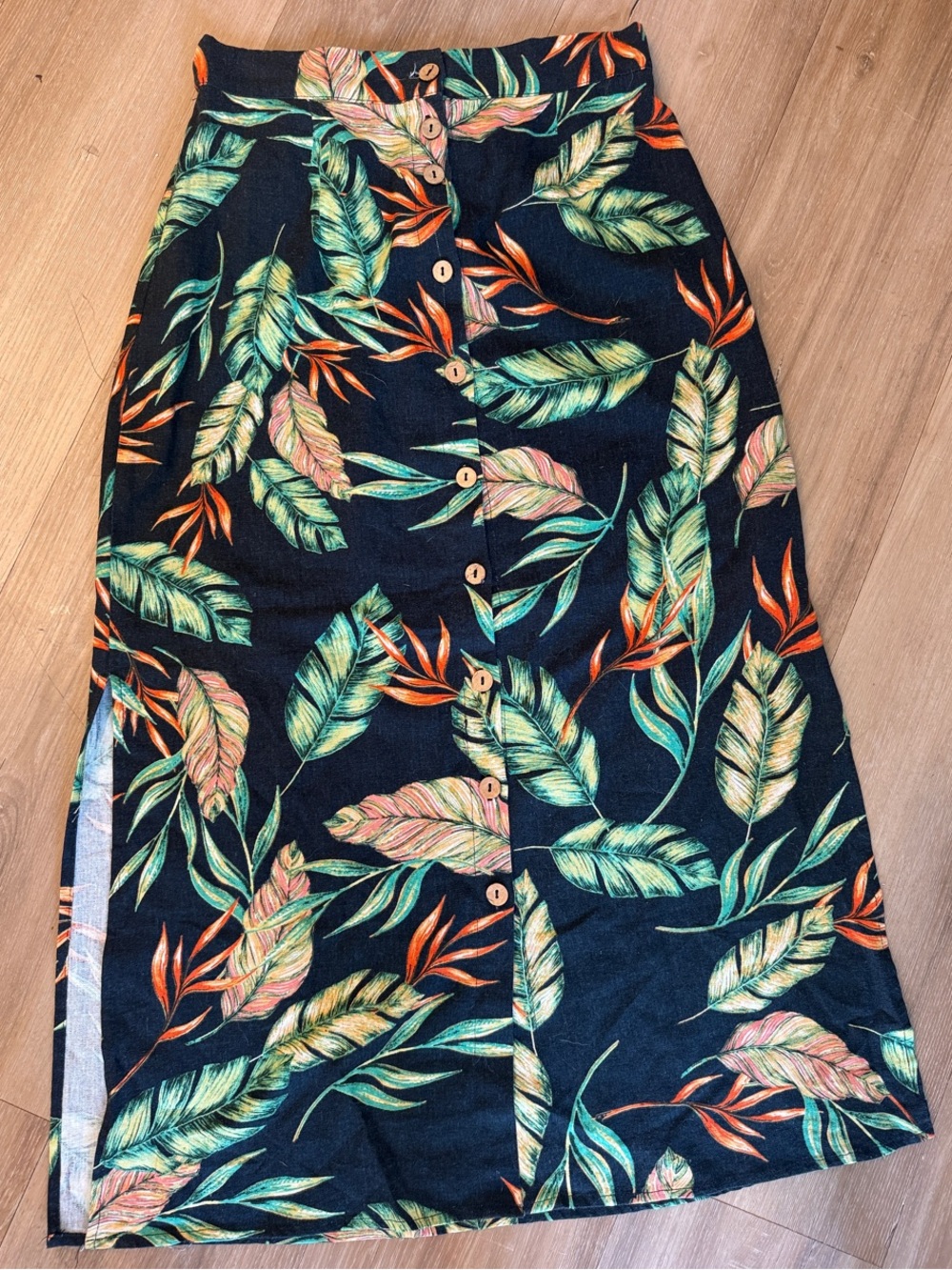 ILLA ILLA Black Maxi Skirt with leaves print, slit up sides for easy walking S